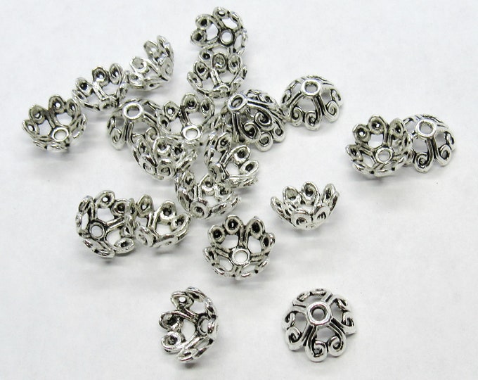 20 Antique Silver Tone Alloy Bead Caps 10mm (Fits 12mm-14mm Beads) (A141g)