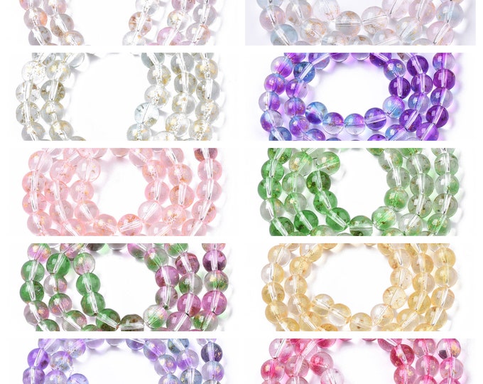 Choice of Color 8mm Transparent Spray Painted Round w/Gold Foil Glass Beads  (A427a-i/bu-d,e,f)