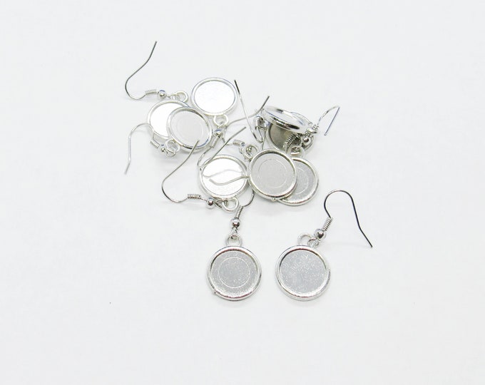 5pr (10 pcs)  Silver Tone Cabochon Tray Hook Wire Earring Findings 34x15mm (Fits 12mm) (A43k)