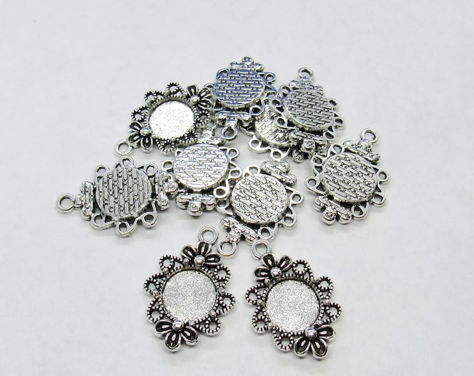 15 Antique Silver Cabochon Round Pendant Trays 30x21mm (Fits 12mm Cabs) (A48L)