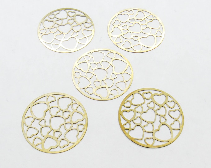 10 Gold Tone Copper Filigree Stamping Round Heart Connectors 20mm (A214s)