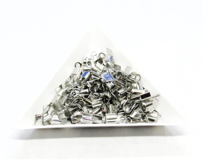 50 Silver Tone 304 Stainless Steel 9x5mm Cord End Crimp Caps (Fits 3.5mm( 1/8") Cord) (A87g)