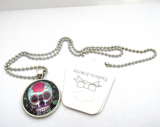 Silver Tone Day of the Dead Sugar Skull Glass Cabochon Pendant Necklace on 3mm Stainless Steel Ball Chain 20" (J9c)