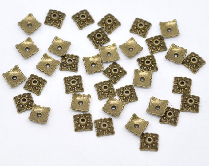 50 Antique Bronze Tone Alloy Square Bead Caps 8x8mm (A361a)
