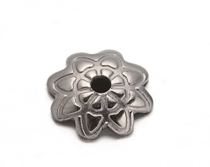 25 (304) Stainless Steel 8 Petal Flower Bead Caps 7mm Fits 8mm+ Beads (A285h)