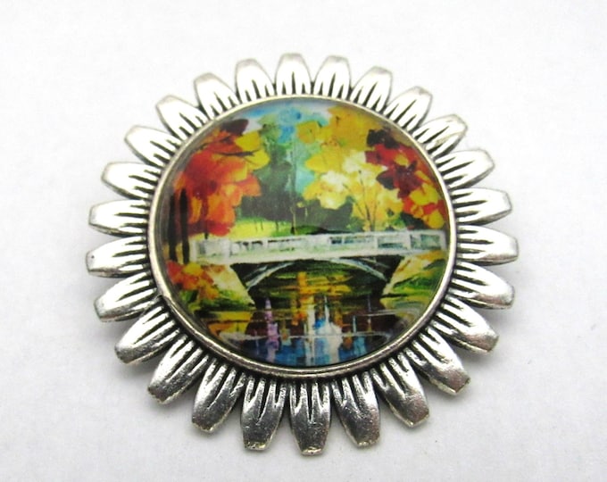 Antique Silver Tone Country Fall Landscape Glass Cabochon Sunflower Brooch/Pin/Pendant 1.5" (J10f8)