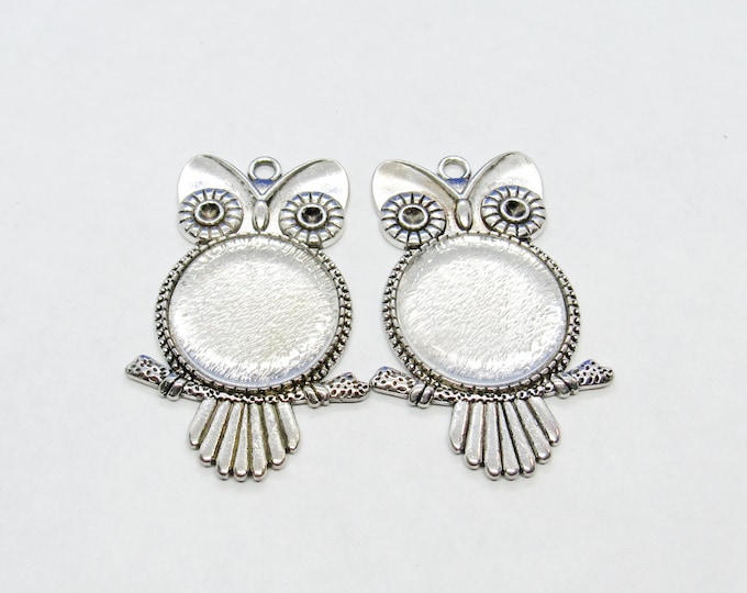 2 Antique Silver Cabochon Alloy Owl Pendants & Glass Domes 5.5cm x 3.5cm (A44e)