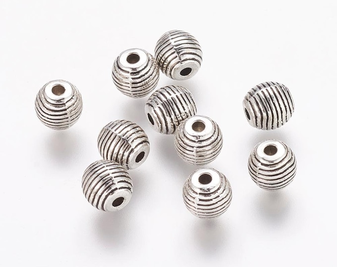 25 Antique Silver Tone Alloy Grooved Round 6mm Spacer Beads  (A349a)