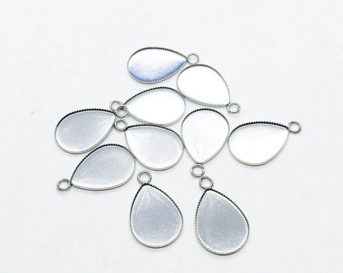 10 304 Stainless Steel Silver Tone  Cabochon Teardrop Pendant Trays 21x13.5mm (Fits 18x13mm Cabs) (A153j)