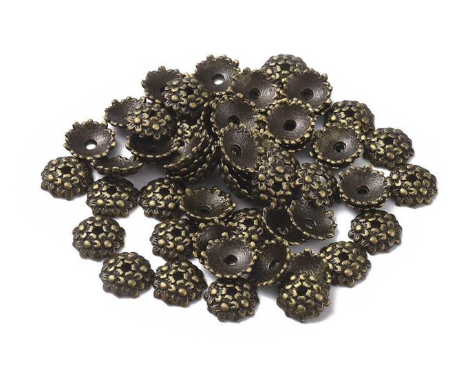 50 Antique Bronze Tone Alloy Bead Caps 11mm (A513a)