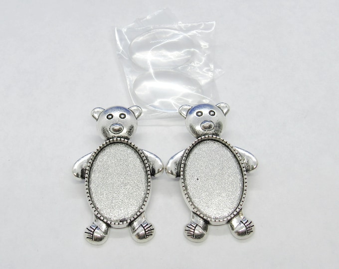 2 Antique Silver Cabochon Alloy Teddy Bear Pin Brooches & Glass Domes 4.4cm x2.9cm (A29s)