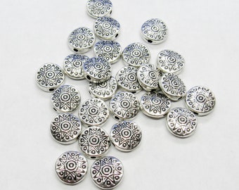 25 Antique Silver Tone Alloy Carved Flat Round 11mm Spacer Beads  (A176k)