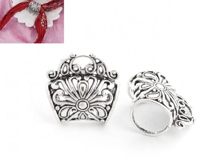 5 Antique Silver Alloy Wrap Scarf Bails w/Flower Pattern 3.3x3.2cm (A298c)