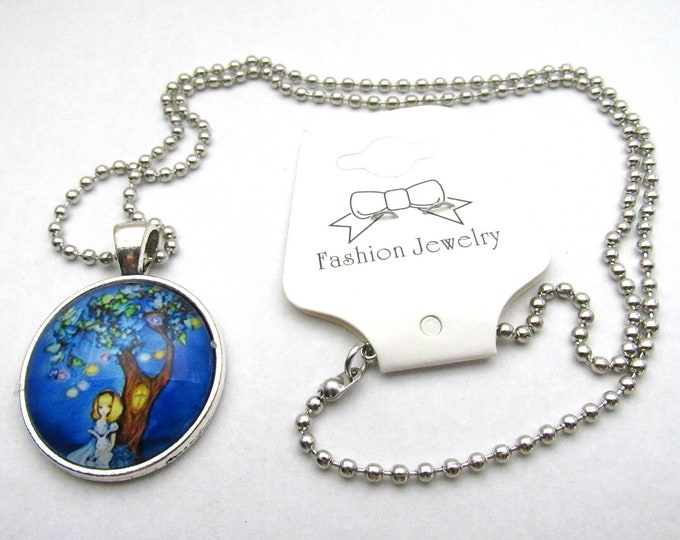 Silver Tone Girl Under Tree Glass Cabochon Pendant Necklace on 3mm Stainless Steel Ball Chain 20" (J9u)