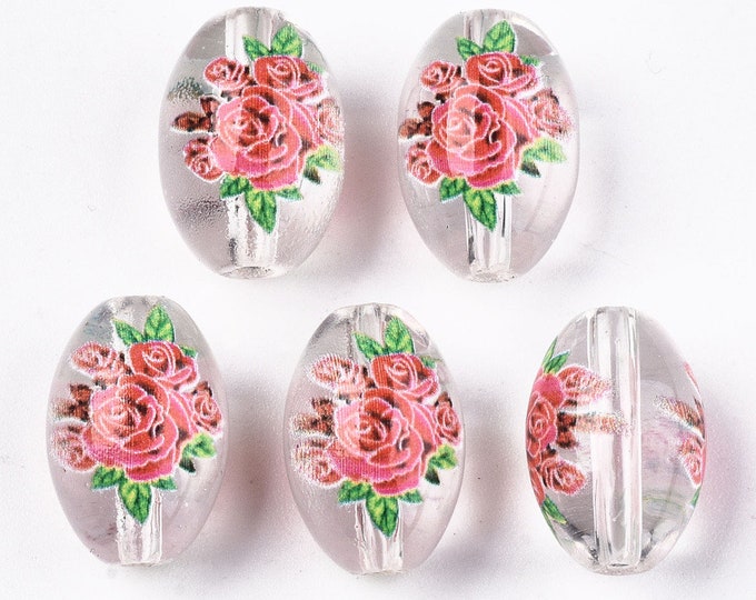 5 Printed and Spray Painted 15x10mm Oval Glass Beads - Clear Floral Pattern (A251b)