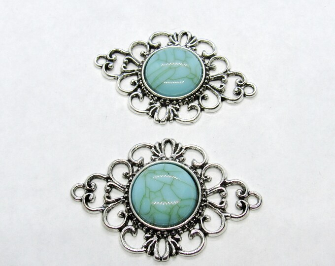 2 Antique Silver Tone Boho Chic Connector Links w/Faux Turquoise 53x35mm (A104f)