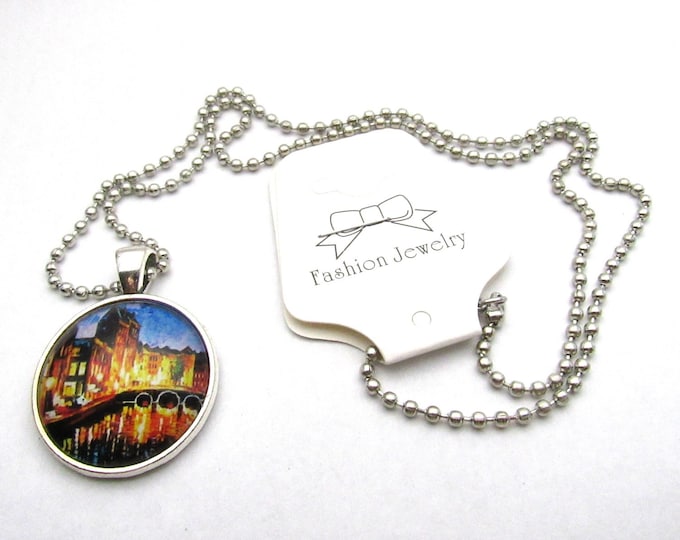 Silver Tone Town Reflection II Glass Cabochon Pendant Necklace on 3mm Stainless Steel Ball Chain 20" (J9v)
