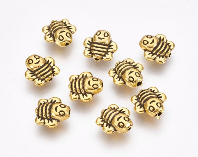 25 Antique Silver or Gold Alloy 3D Bee Spacer Beads 9x9mm (A277a/b)