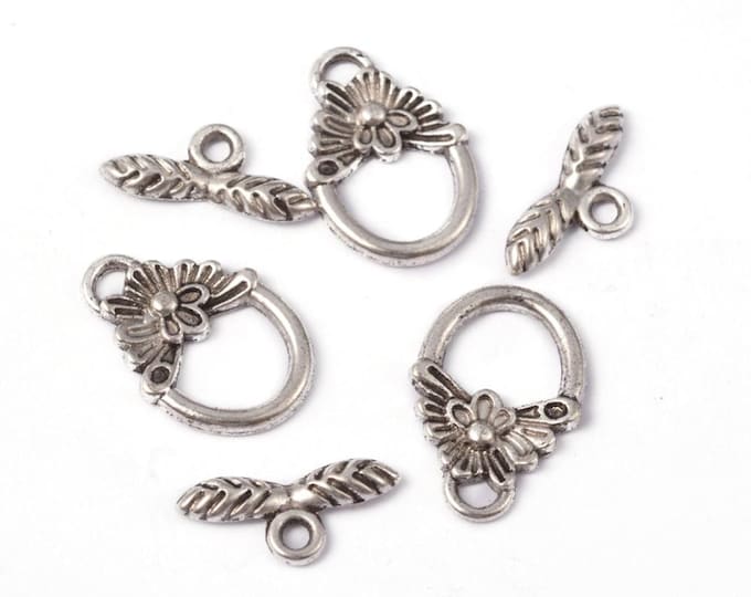 15 Sets Antique Silver Round w/Flower Toggle Clasps 12x18mm  (A502h)
