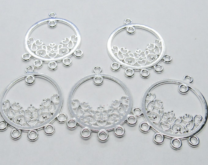 5 Silver Plated 1 to 5 Filigree Heart Chandelier Links 36x29mm (A187p)