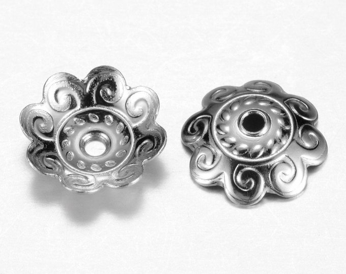 25 (304) Stainless Steel 8 Petal Flower Bead Caps 10.5mm Fits 10mm+ Beads (A232e)