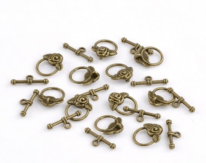 10 Sets Antique Bronze Tone Round w/Rose Toggle Clasps 19x17mm  (A364c)