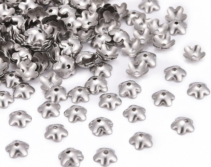 25 (304) Stainless Steel Multi Petal Flower Bead Caps 5.5mm Fits 6mm+ Beads (A363s)