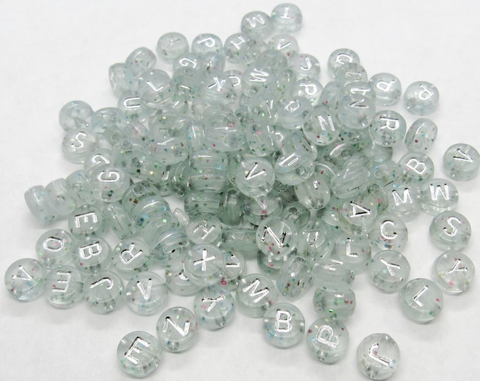 500 Pale Blue Glitter/Silver Acrylic Round Alphabet Letter Beads 7mm (Desk i-c)