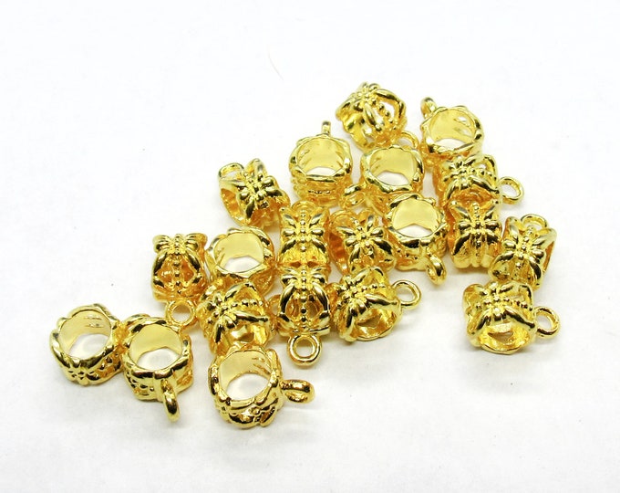 Gold Plated 12 x 6mm Alloy Carved Flower Pendant Bails  (A25p/156e)