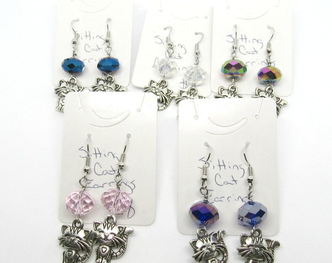 Crystal & Silver Tone Sitting Cat Earrings w/ Silver Tone Earwires  (J4b51-55)