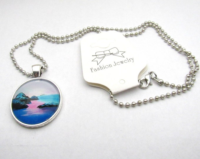 Silver Tone Seashore at Dusk/Dawn Glass Cabochon Pendant Necklace on 3mm Stainless Steel Ball Chain 20" (J9o)