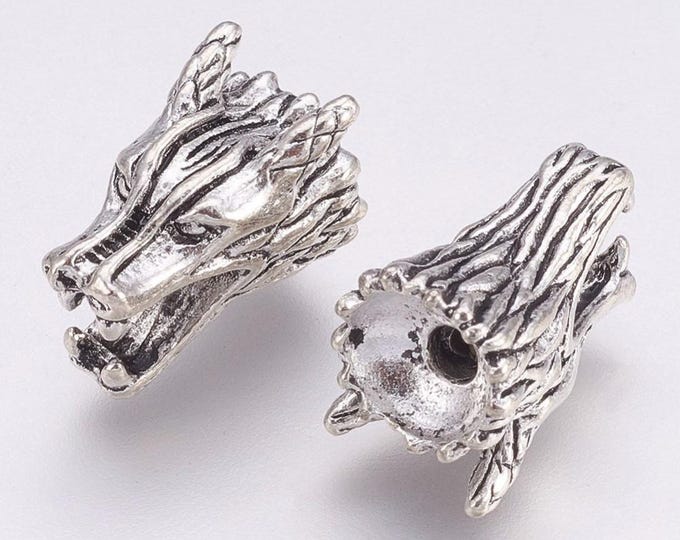 5 Antique Silver Tone 9x15 x10mm Dragon Head Beads (A478g)