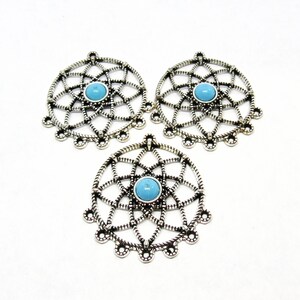 3 Antique Silver 1 to 7 Flower of Life w/Faux Turquoise Center Chandelier Links 40x35mm (A198b)
