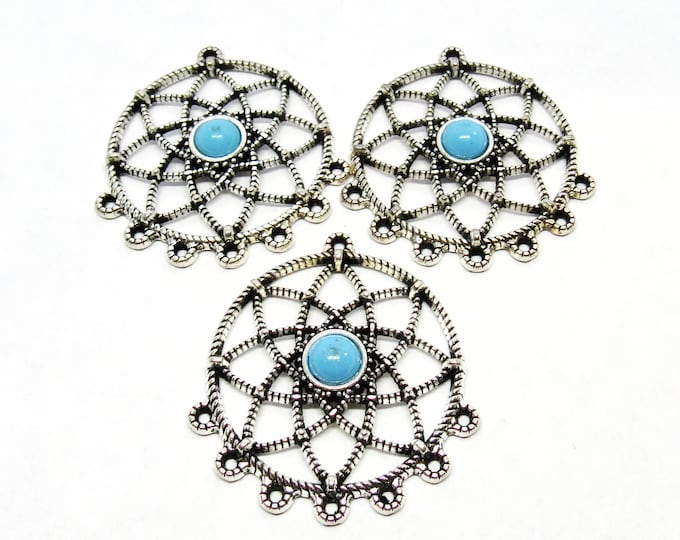3 Antique Silver 1 to 7 Flower of Life w/Faux Turquoise Center Chandelier Links 40x35mm (A197g)