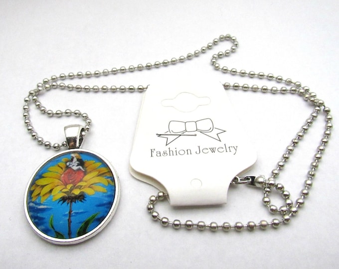 Silver Tone Fairy on Flower Glass Cabochon Pendant Necklace on 3mm Stainless Steel Ball Chain 20" (J9q)
