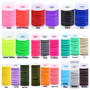 May include: A collection of spools of colorful waxed cord in various colors, including pink, neon orange, red, purple, black, blue, neon yellow, neon green, salmon, gray, fuchsia, seafoam, aquamarine, tan, yellow, lavender, dark olive, olive drab, orange, light coral, baby blue, white, and brown.