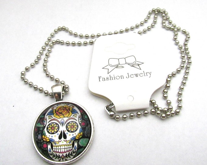 Silver Tone Day of the Dead Sugar Skull Glass Cabochon Pendant Necklace on 3mm Stainless Steel Ball Chain 20" (J9n)