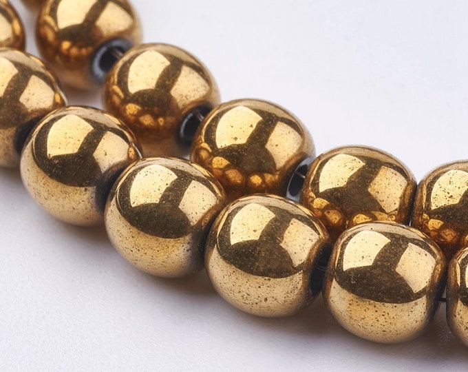 1 Str Grade A 6mm or 8mm Non-magnetic Synthetic Hematite Beads Gold (A282a/b)