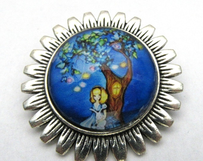 Antique Silver Tone Little Girl Under Tree Glass Cabochon Sunflower Brooch/Pin/Pendant 1.5" (J10e5)