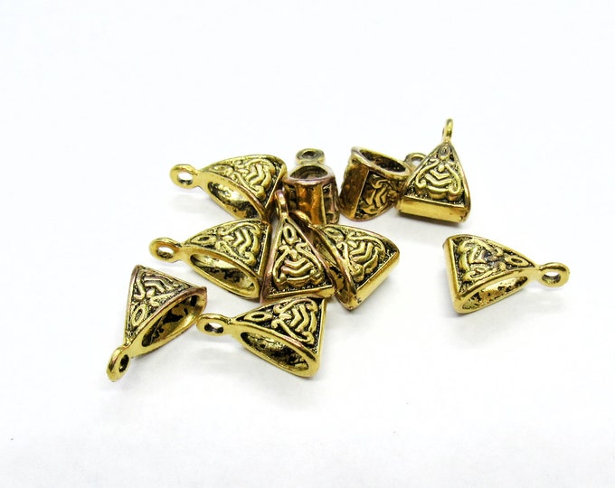 Antique Gold Tone Triangle Charm Bail Beads Carved 15x10mm (A50e/376g)
