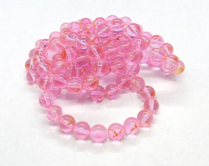 1 Strand 8mm Round Drawbench Glass Beads - Pink/Gold (A52b)