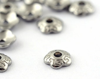 25 Tiny (304) Stainless Steel 5 Petal Flower Bead Caps 4mm Fits 4mm+ Beads (A363Q)