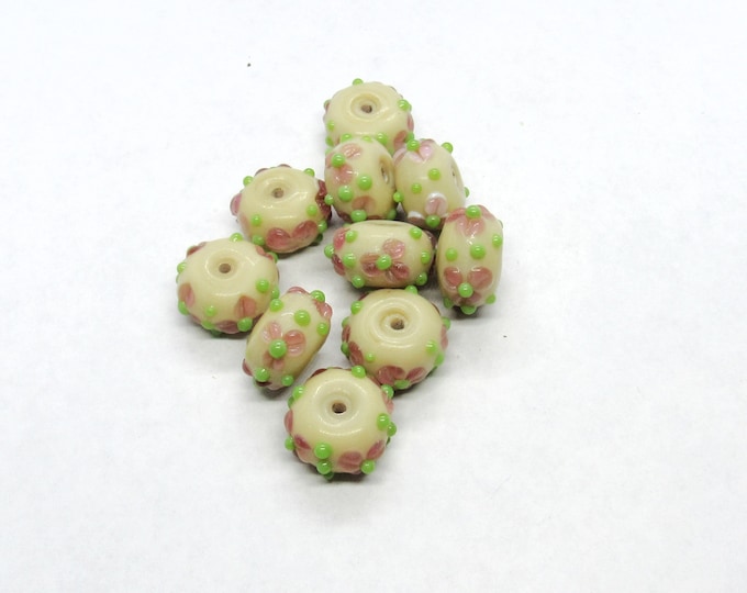 10 Handmade Rondelle Glass Lampwork Beads 18mm x 12mm - Pink Flowers on Cream (A72b)