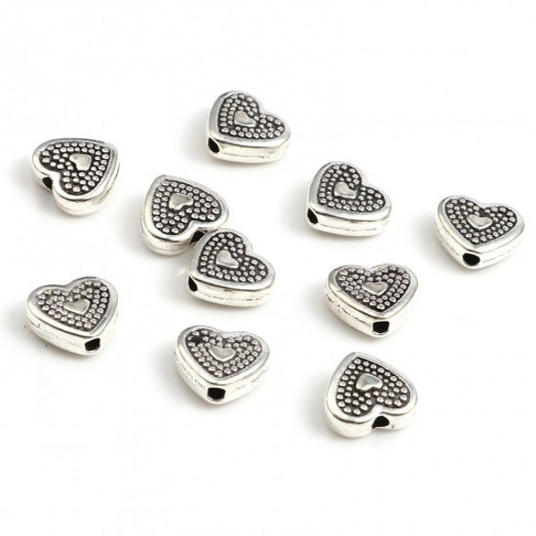 20 Antique Silver Tone 9 x 8mm Heart Spacer Beads (A350d)