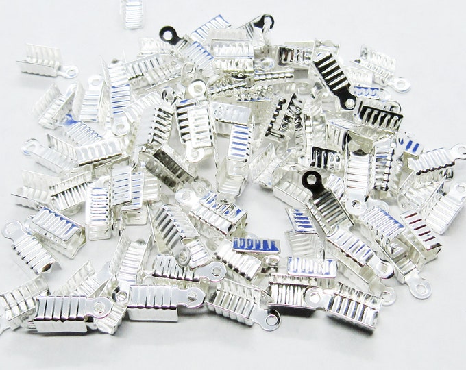 100 Silver Tone Crimp End Cap with Loop  12x5mm (A143p)
