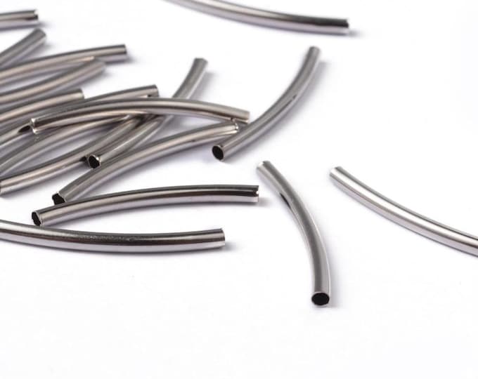 50 Platinum Tone Brass 25x2mm Curved Tube Beads (A508b)