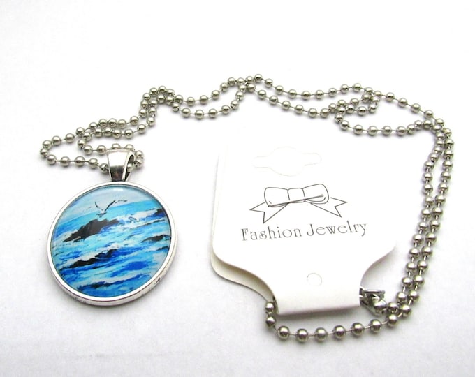 Silver Tone Seashore w/Seagull Glass Cabochon Pendant Necklace on 3mm Stainless Steel Ball Chain 20" (J9u)