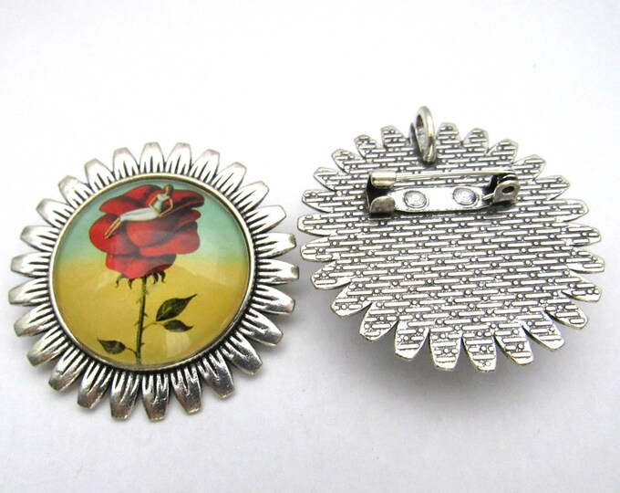 Antique Silver Tone Fairy on Flower Glass Cabochon Sunflower Brooch/Pin/Pendant 1.5" (J10e4)