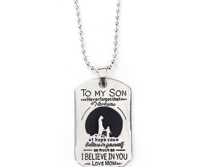 1 Silver Tone Rectangle Family Message "To My Son" Pendant Necklace 20 1/8" (J6T)