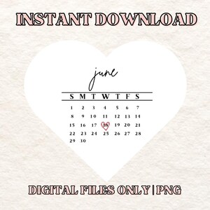 Alleen kalender JUNI-bundel 2025 | Hartvorm PNG, Instant Download voor Cricut, Burn Away Cakes en eetbare prints | Hartoverlay voor datums